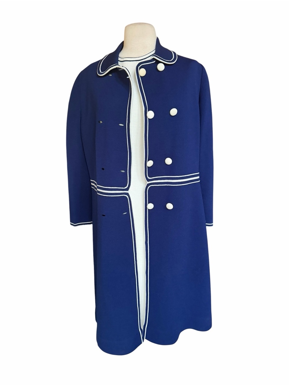 Early 1960s Marco Polo 2-Piece 100% Acrylic Blue & Off White Knit  Shift Dress &